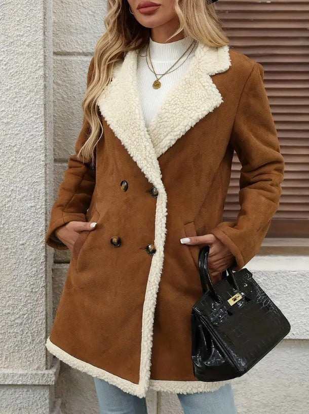 Women's Fleece-lined Mid-length Woolen Casual Warm Jacket