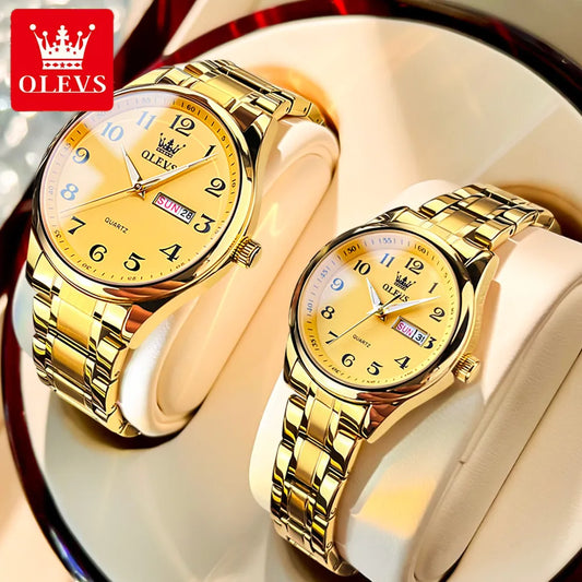 OLEVS Couple Watch Set Elegant Stainless-Steel Watch Luminous Waterproof